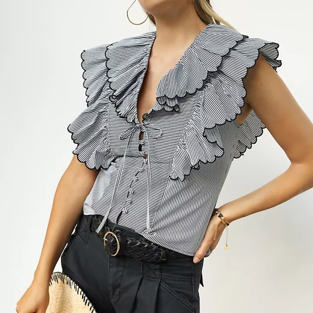 HUNTER BELL Black and White Striped Ruffle-Trim Tie-Neck Blouse - Picture 4 of 10